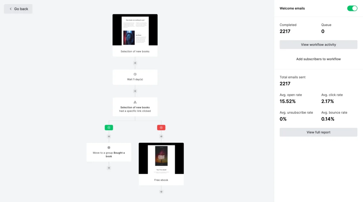 MailerLite automation workflow with a delay, condition and two branches