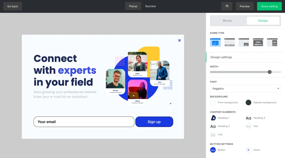 MailerLite popup builder with design and signup settings