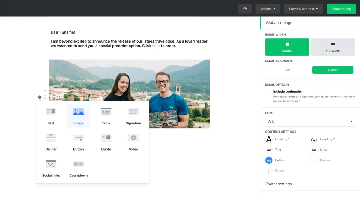 MailerLite email editor with text, image, button and other content blocks