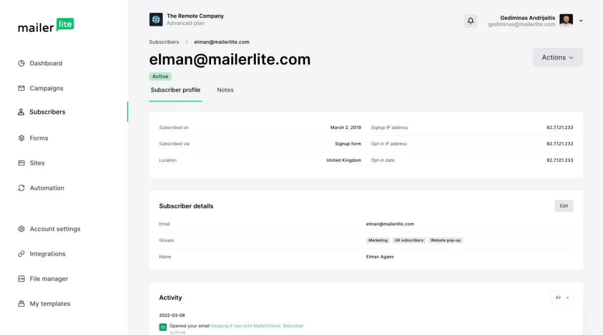 MailerLite subscriber profile with groups and activity history