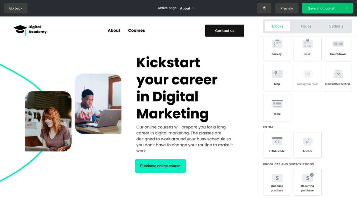 MailerLite website builder with page content and editing controls